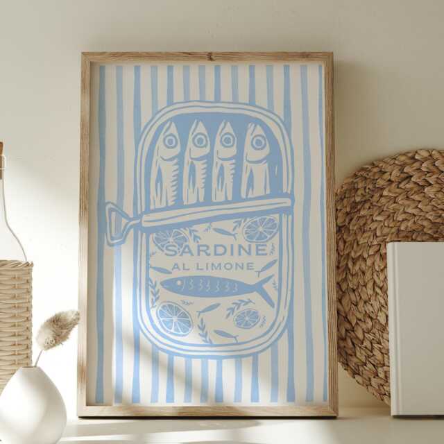 Sardine Tin - Stripes Print Soft Blue Striped Art Coastal Aesthetic Kitchen Decor Mediterranean Illustration Poster - image 1