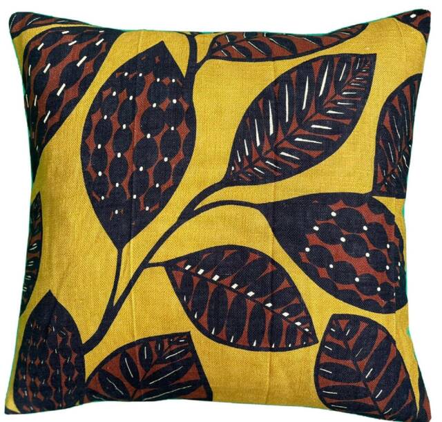 Mustard Yellow Linen Cushion Cover Botanical Floral Print, Black Velvet Back - image 1