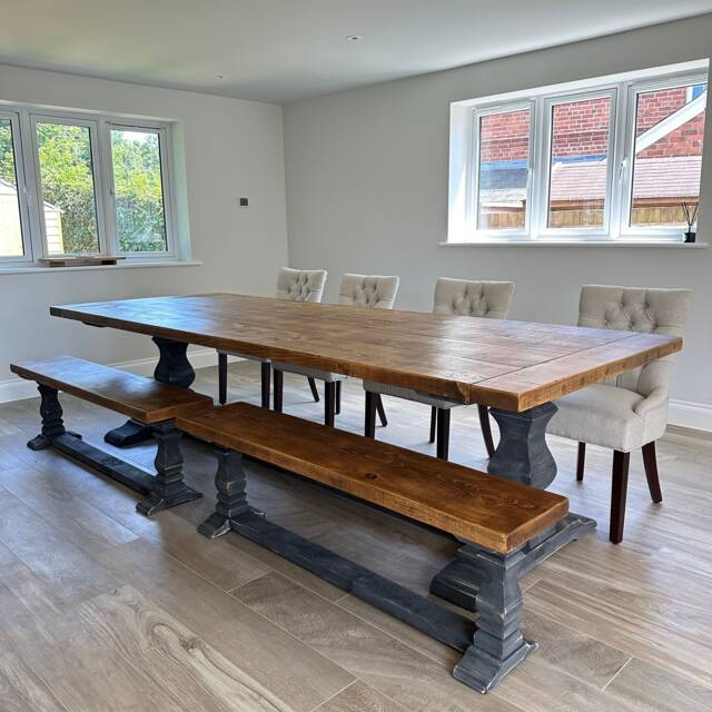 Large Hand Made Carved Pedestal Dining Table & Benches Set - image 1