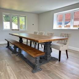 Large Hand Made Carved Pedestal Dining Table & Benches Set - thumbnail 4