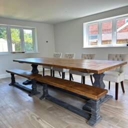 Large Hand Made Carved Pedestal Dining Table & Benches Set - thumbnail 2