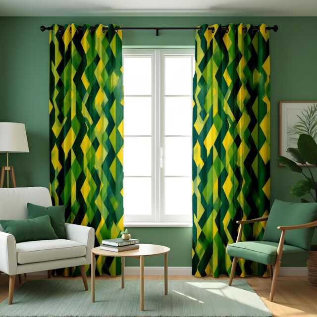 Green Geometric Curtains, Yellow Abstract Pattern Drapes, Custom Made Window Panels For Modern Living Room Home Decor - image 1