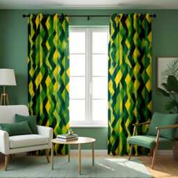 Green Geometric Curtains, Yellow Abstract Pattern Drapes, Custom Made Window Panels For Modern Living Room Home Decor