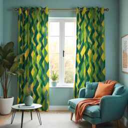 Green Geometric Curtains, Yellow Abstract Pattern Drapes, Custom Made Window Panels For Modern Living Room Home Decor - thumbnail 2