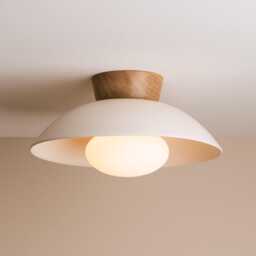 White Dawn Flush Mount Ceiling Light in Ceramic & Oak