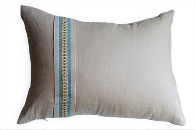 Linen Rectangular Pillow Cover in Tan With Green & Orange Stripe Banding Kravet Fabric - Lumbar Farm House Deco - image 1
