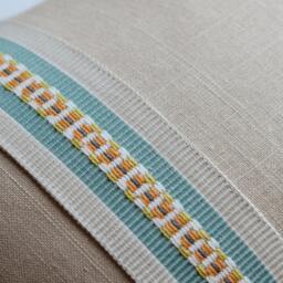 Linen Rectangular Pillow Cover in Tan With Green & Orange Stripe Banding Kravet Fabric - Lumbar Farm House Deco - thumbnail 3