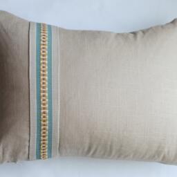 Linen Rectangular Pillow Cover in Tan With Green & Orange Stripe Banding Kravet Fabric - Lumbar Farm House Deco - thumbnail 2