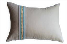 Linen Rectangular Pillow Cover in Tan With Green & Orange Stripe Banding Kravet Fabric - Lumbar Farm House Deco - thumbnail 1