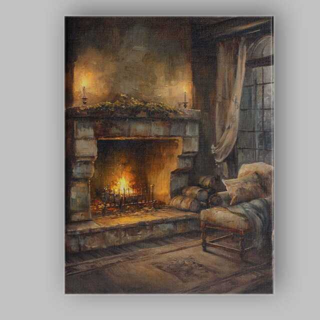 Cosy Rustic Fireplace Interior Cabin Painting Canvas Wall Art Print Decor Picture Ready To Hang - image 1