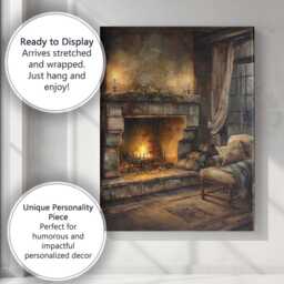 Cosy Rustic Fireplace Interior Cabin Painting Canvas Wall Art Print Decor Picture Ready To Hang - thumbnail 3