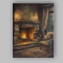 Cosy Rustic Fireplace Interior Cabin Painting Canvas Wall Art Print Decor Picture Ready To Hang - thumbnail 1