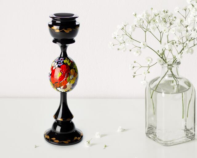 Hand Painted Wooden Candle Holder Ukrainian Petrykivka Floral Art S131 - image 1