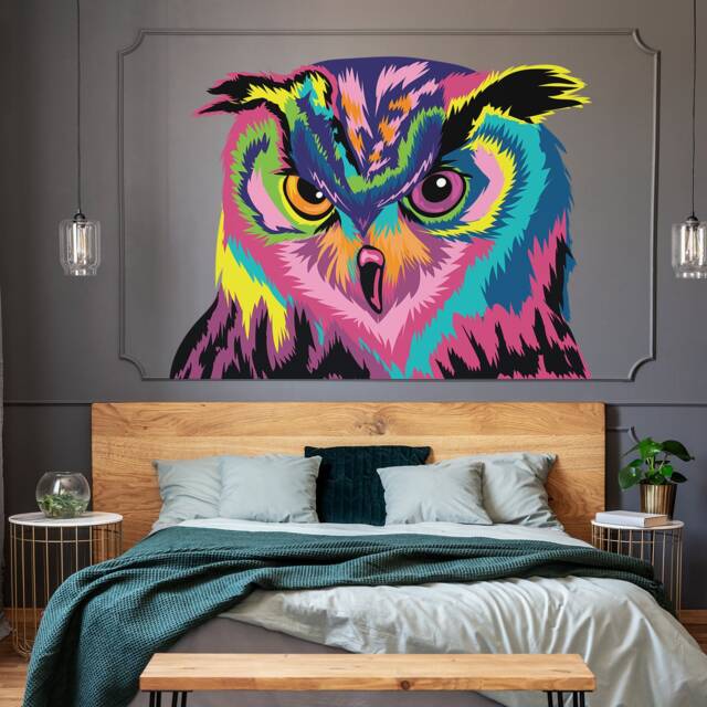 Colorful Owl Wall Sticker - Cute Bird Gift Vinyl Art Decor Decal Cool Funny Animal Print Love Window Fancy Pretty Unique Big Mural - image 1