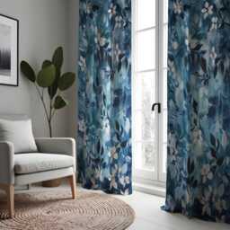 Blue Botanical Curtains, Navy Teal Leaf Pattern Drapes, Custom Made Window Panels For Living Room & Bedroom Modern Home Decor - thumbnail 2