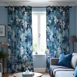 Blue Botanical Curtains, Navy Teal Leaf Pattern Drapes, Custom Made Window Panels For Living Room & Bedroom Modern Home Decor