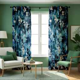 Blue Botanical Curtains, Navy Teal Leaf Pattern Drapes, Custom Made Window Panels For Living Room & Bedroom Modern Home Decor - thumbnail 4