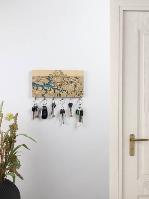 Personalized City Map Key Rack, Wooden Entryway Organizer - image 1
