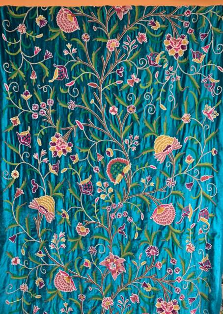 Handmade Crewel Embroidery Fabric Blue Turquoise Velvet, Floral Wool Design - image 1
