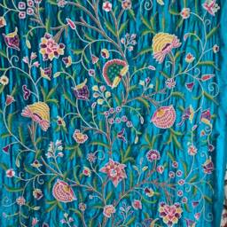 Handmade Crewel Embroidery Fabric Blue Turquoise Velvet, Floral Wool Design - thumbnail 2