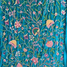 Handmade Crewel Embroidery Fabric Blue Turquoise Velvet, Floral Wool Design - thumbnail 4