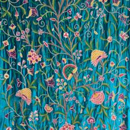 Handmade Crewel Embroidery Fabric Blue Turquoise Velvet, Floral Wool Design - thumbnail 3