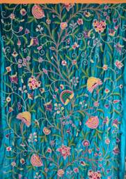 Handmade Crewel Embroidery Fabric Blue Turquoise Velvet, Floral Wool Design - thumbnail 1