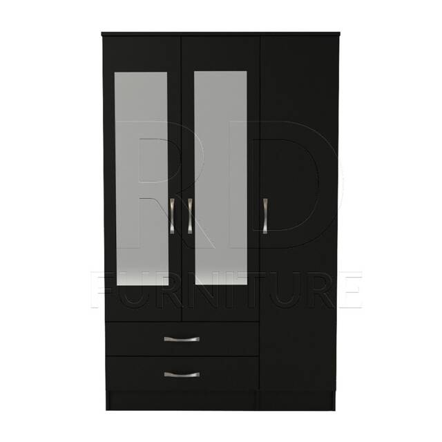 Black Wardrobe, Triple Wardrobe Ready Assembled Classic 3 Door 2 Drawer Mirrored Wardrobe - image 1