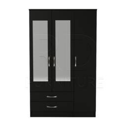 Black Wardrobe, Triple Wardrobe Ready Assembled Classic 3 Door 2 Drawer Mirrored Wardrobe - thumbnail 1