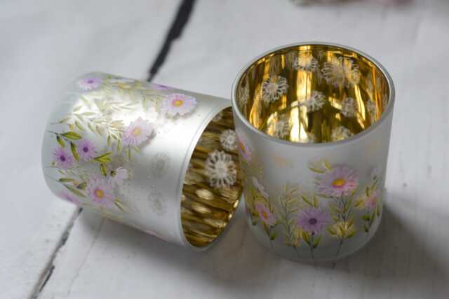 Pink Wild Meadow Glass Candle Holder, Frosted Floral Votive Accent - image 1