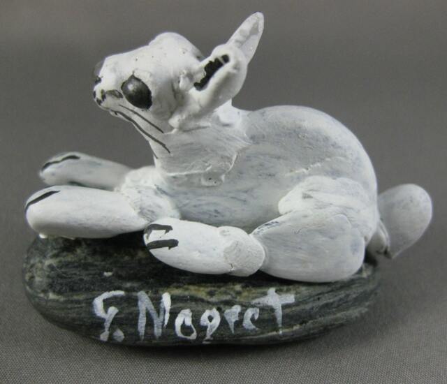 Miniature River Stone Bunny Rabbit Sculpture, Hand Painted, Signed G. Negret - image 1