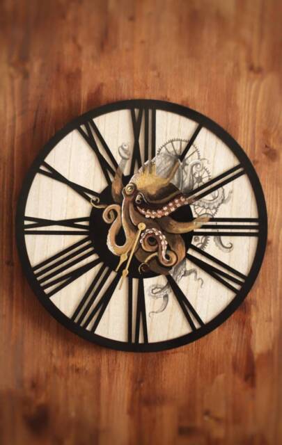 Hand-Painted Steampunk Octopus Wood Wall Clock - Metallic Frame - image 1