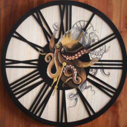 Hand-Painted Steampunk Octopus Wood Wall Clock - Metallic Frame - thumbnail 2