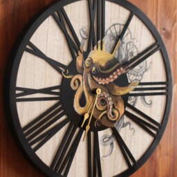 Hand-Painted Steampunk Octopus Wood Wall Clock - Metallic Frame - thumbnail 4