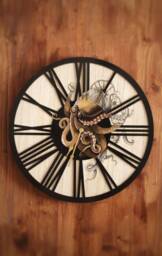 Hand-Painted Steampunk Octopus Wood Wall Clock - Metallic Frame - thumbnail 1