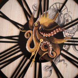 Hand-Painted Steampunk Octopus Wood Wall Clock - Metallic Frame - thumbnail 3