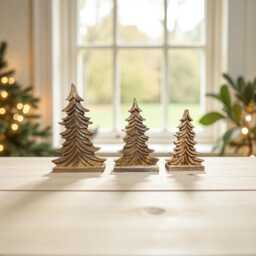 Set Of 3 Carved Mango Wood Christmas Trees, Rustic Holiday Decor Centerpiece