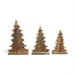 Set Of 3 Carved Mango Wood Christmas Trees, Rustic Holiday Decor Centerpiece - thumbnail 3