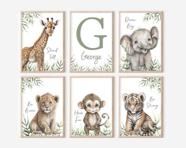 Personalised Set Of 6 Safari Jungle Animal Elephant Giraffe Lion Tiger Monkey Boys Girls A4 Or A3 Nursery Unframed Prints Zoo - image 1
