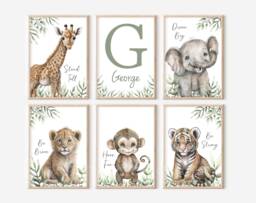 Personalised Set Of 6 Safari Jungle Animal Elephant Giraffe Lion Tiger Monkey Boys Girls A4 Or A3 Nursery Unframed Prints Zoo - thumbnail 1