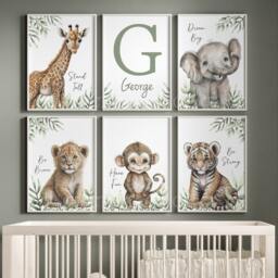 Personalised Set Of 6 Safari Jungle Animal Elephant Giraffe Lion Tiger Monkey Boys Girls A4 Or A3 Nursery Unframed Prints Zoo - thumbnail 2