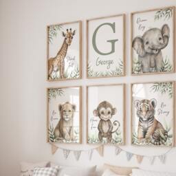 Personalised Set Of 6 Safari Jungle Animal Elephant Giraffe Lion Tiger Monkey Boys Girls A4 Or A3 Nursery Unframed Prints Zoo - thumbnail 3