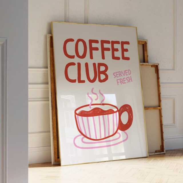 Coffee Club Kitchen Print, Poster Hand Drawn Print , Cool Poster, Red & Pink Gift For Lover - image 1