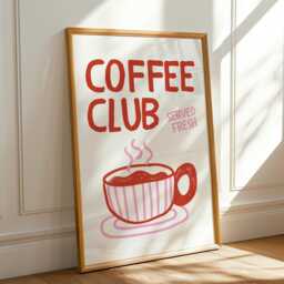 Coffee Club Kitchen Print, Poster Hand Drawn Print , Cool Poster, Red & Pink Gift For Lover - thumbnail 3