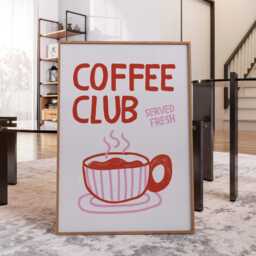 Coffee Club Kitchen Print, Poster Hand Drawn Print , Cool Poster, Red & Pink Gift For Lover - thumbnail 2