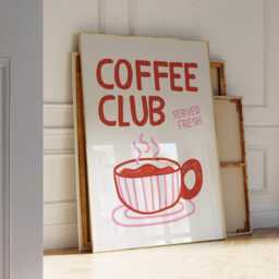Coffee Club Kitchen Print, Poster Hand Drawn Print , Cool Poster, Red & Pink Gift For Lover - thumbnail 1