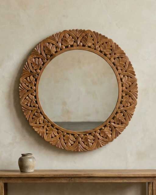 Hand-Carved Mango Wood Round Mirror - Natural Polished Finish With Foliate Border - image 1