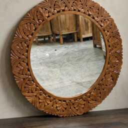 Hand-Carved Mango Wood Round Mirror - Natural Polished Finish With Foliate Border - thumbnail 2
