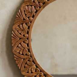 Hand-Carved Mango Wood Round Mirror - Natural Polished Finish With Foliate Border - thumbnail 3