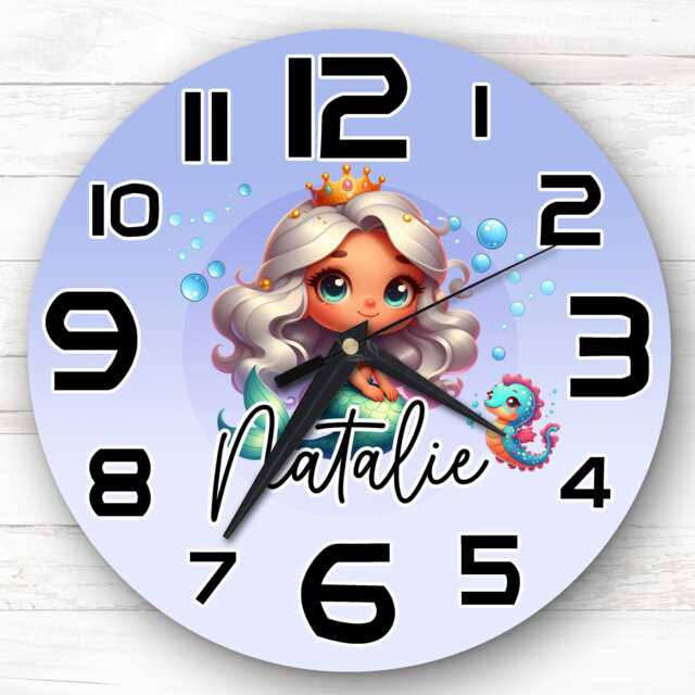 White Hair Mermaids Personalised Gift For Kid's Bedroom Clock - Kids Clock, Children's Decor, Custom Wall - image 1